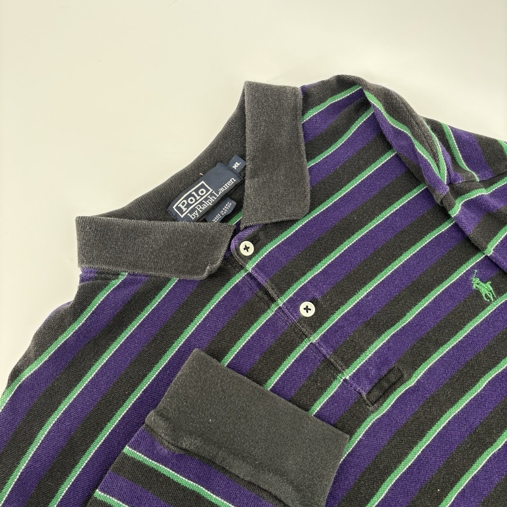 Polo Ralph Lauren Mens Polo Shirt Sz XL Long Sleeve Purple Green Black‎ Stripes